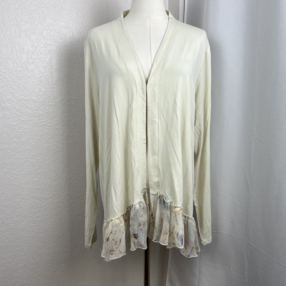 Logo Lori Goldstein Cardigan Womens XL Cream Sheer Ruffle Hem Layered Chic